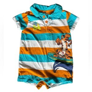 Disney Kids Tigger Polo Romper with Orange, Blue, and White Stripes